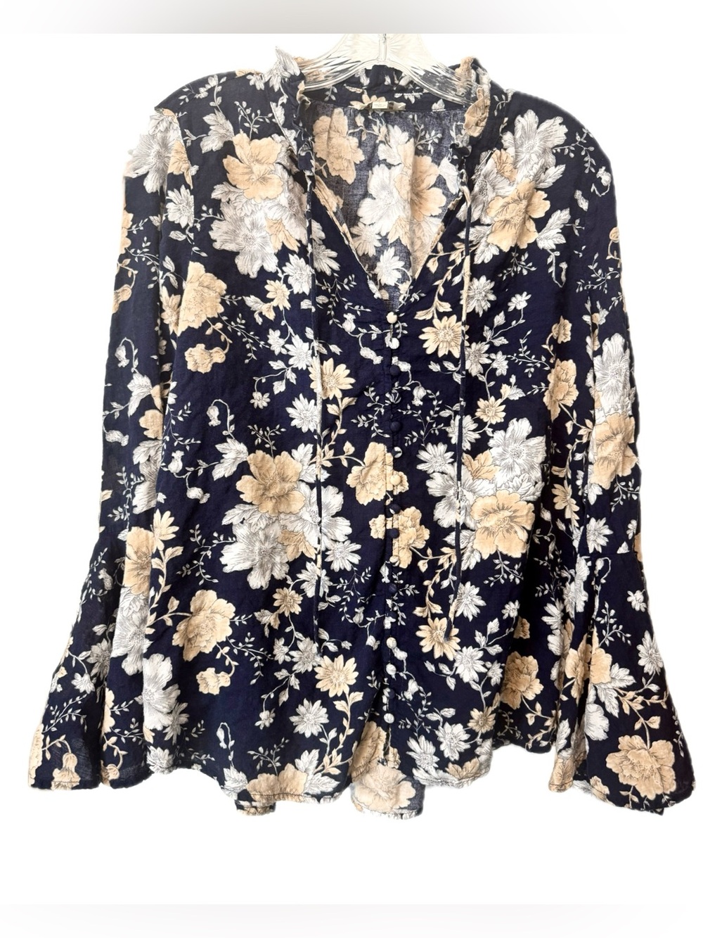 Umgee Floral Boho Peasant Blouse Navy Beige Bell Sleeve Tie Neck Size Large